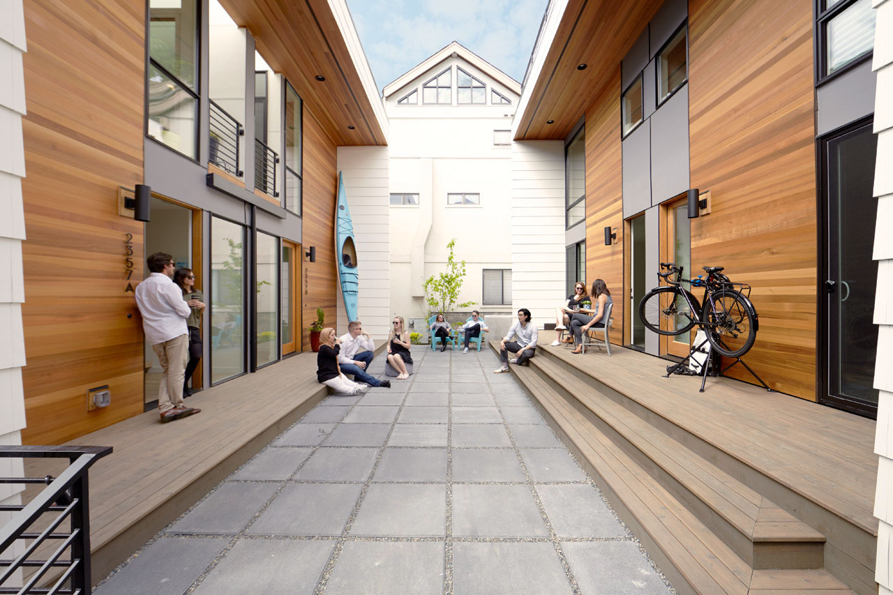 Gathering of people between the townhomes