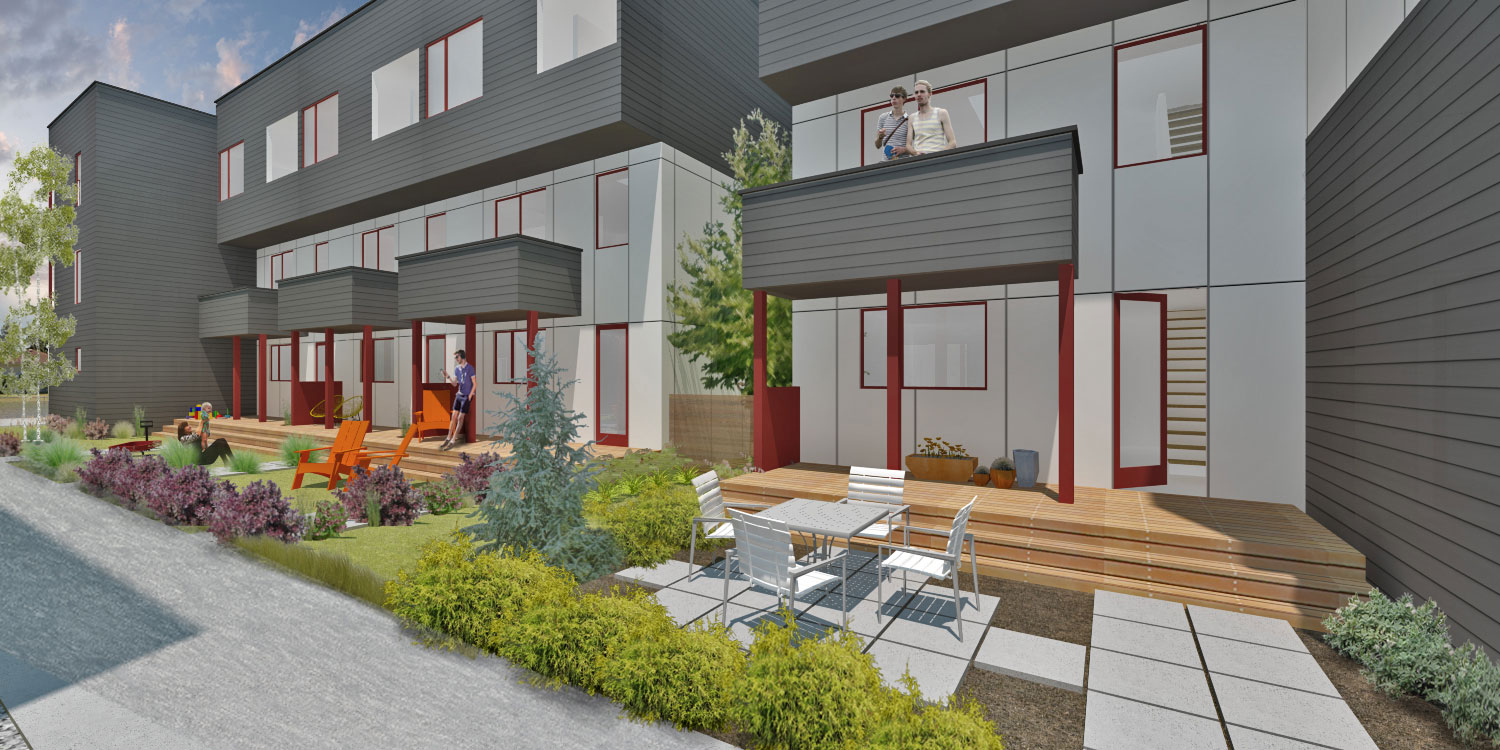 Rendering of townhome courtyards with patios.