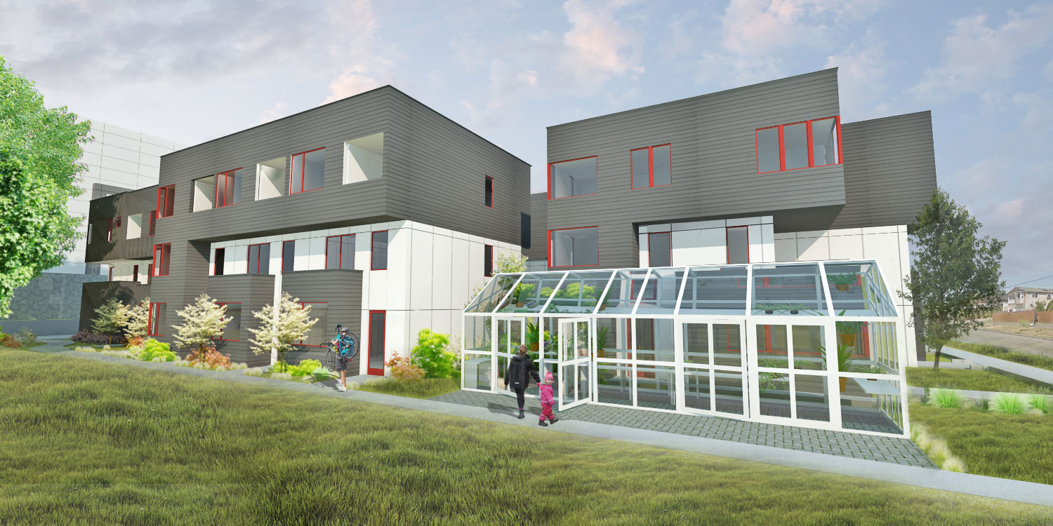 Rendering of greenhouse outside of townhomes.