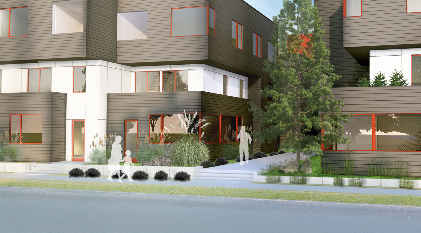 Rendering of exterior townhomes with gray/brown siding and orange trim.