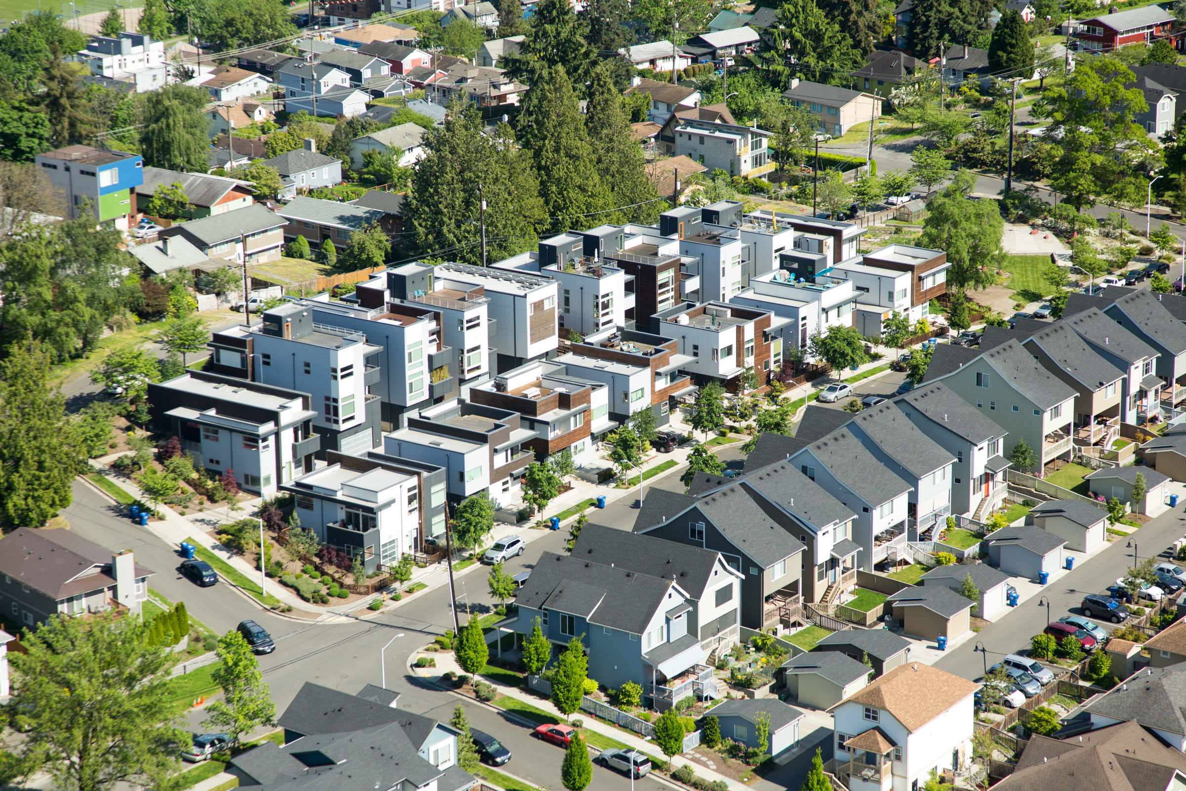 Aerial view of multifamily residences.
