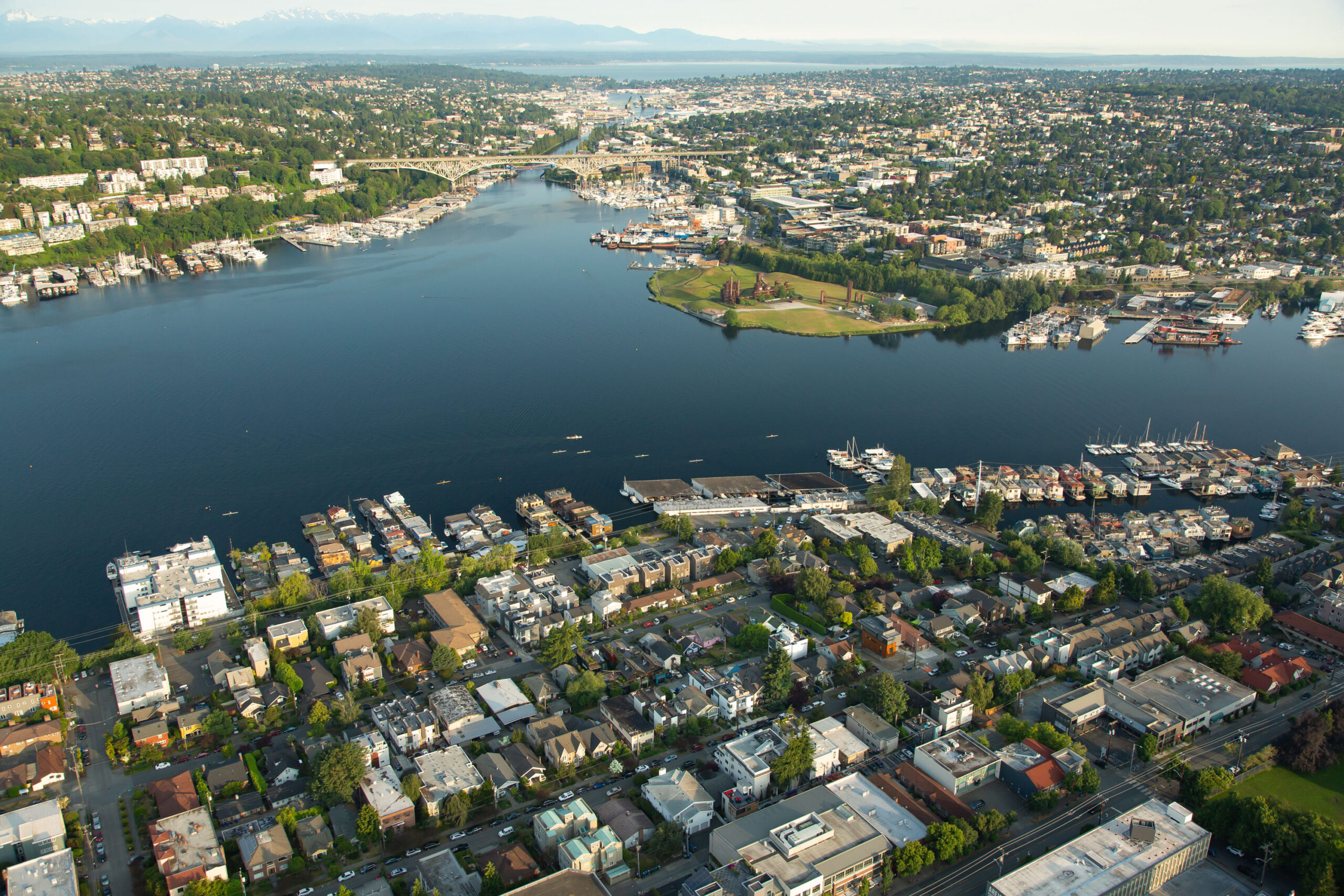Aerial view of city and lake.